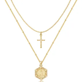14K Gold Layered Initial Letter Pendant Cross Choker Necklace- Hexagon