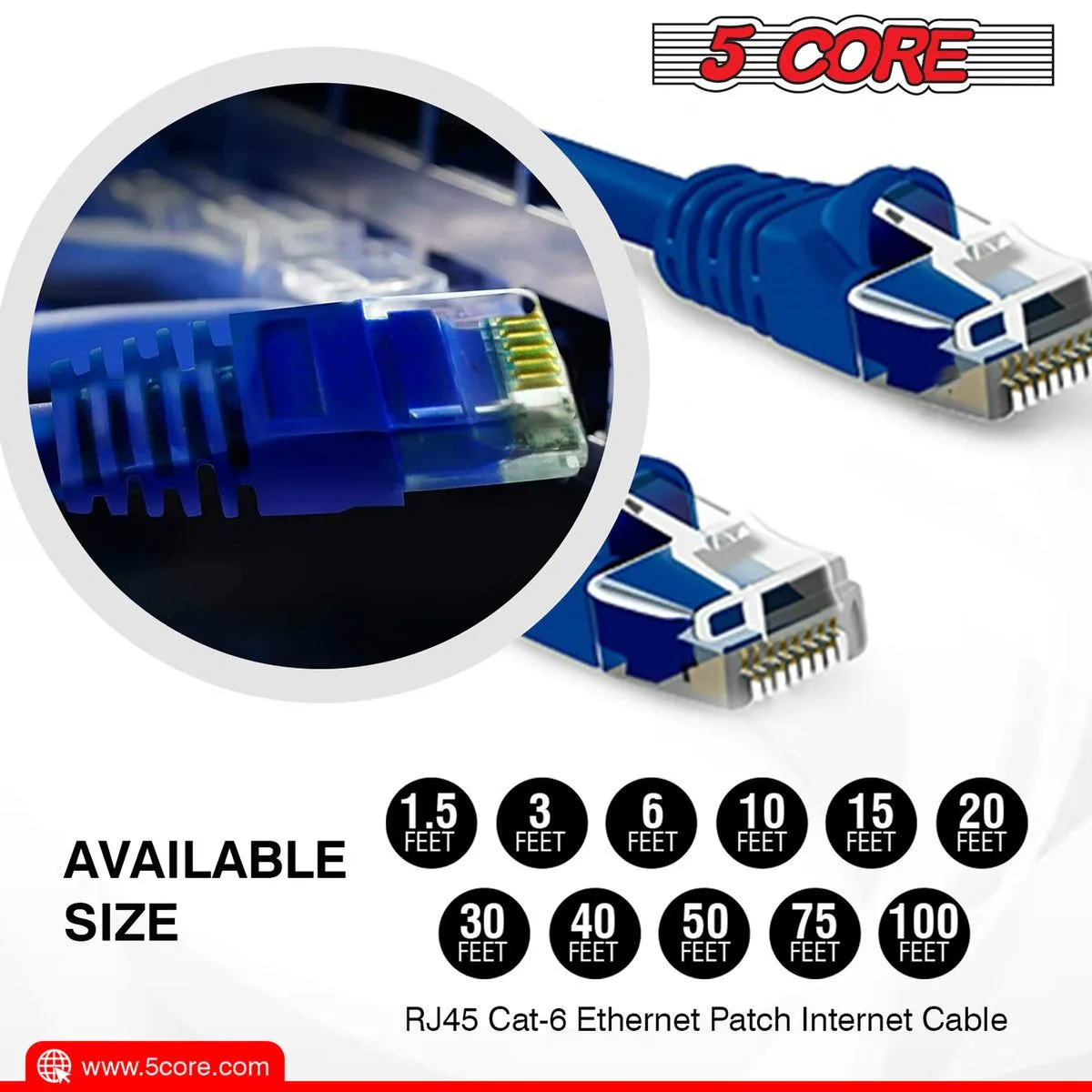 5 CORE Ethernet Cable 10 ft Long Cat 6 Computer Internet Patch Cord High Speed WiFi RJ45 for Gaming Indoor Outdoor Use - ET 10FT BLU