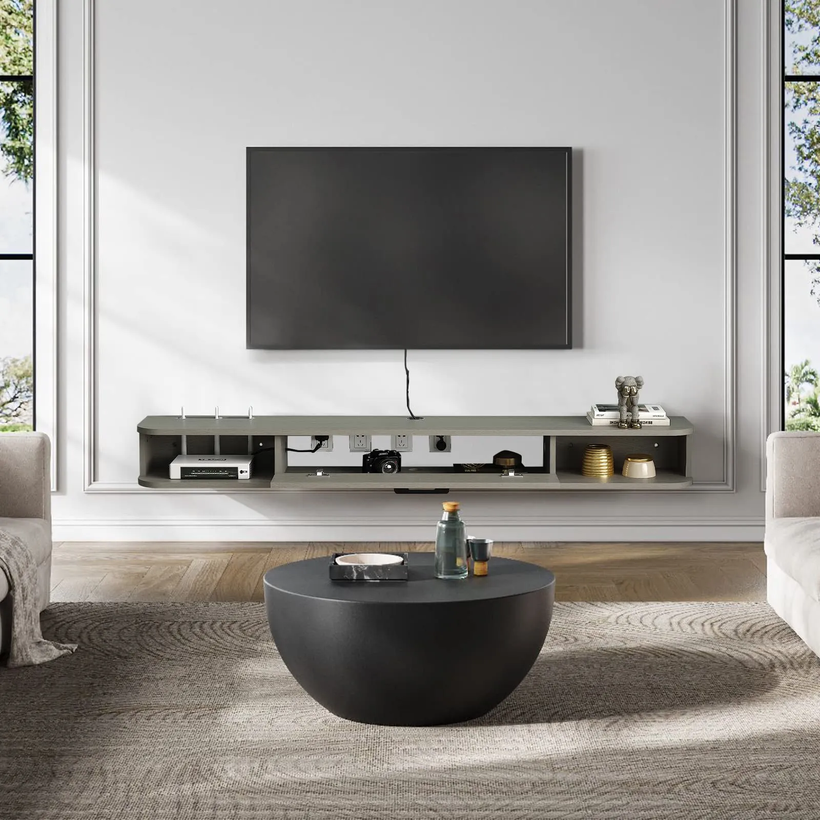 55" Eclan Floating TV Stand, Oak Grey