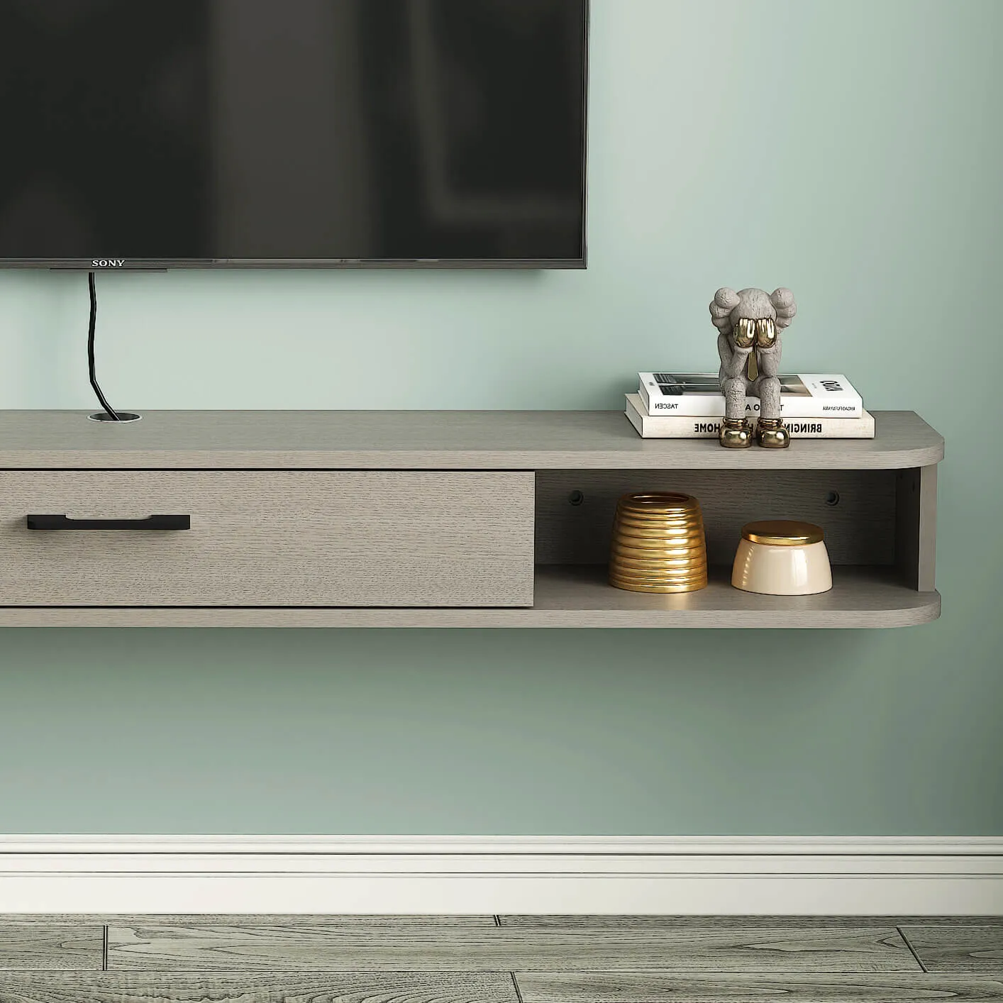 55" Eclan Floating TV Stand, Oak Grey