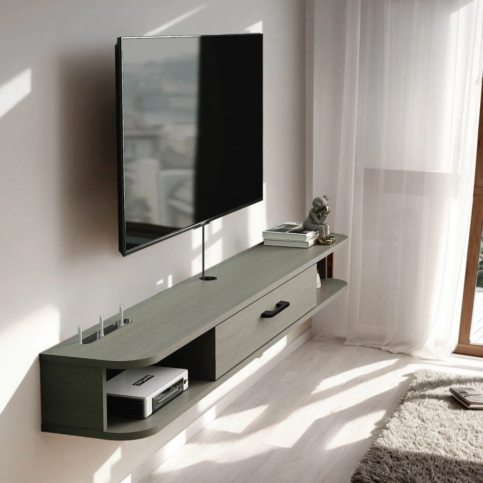 55" Eclan Floating TV Stand, Oak Grey