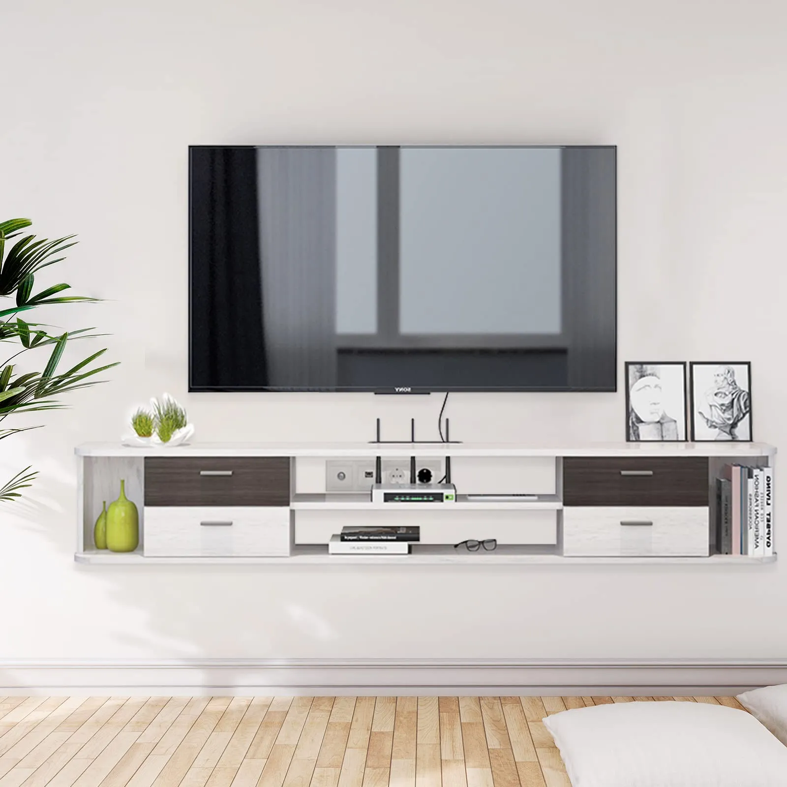 56" Drawista Floating TV Stand, Greyish White