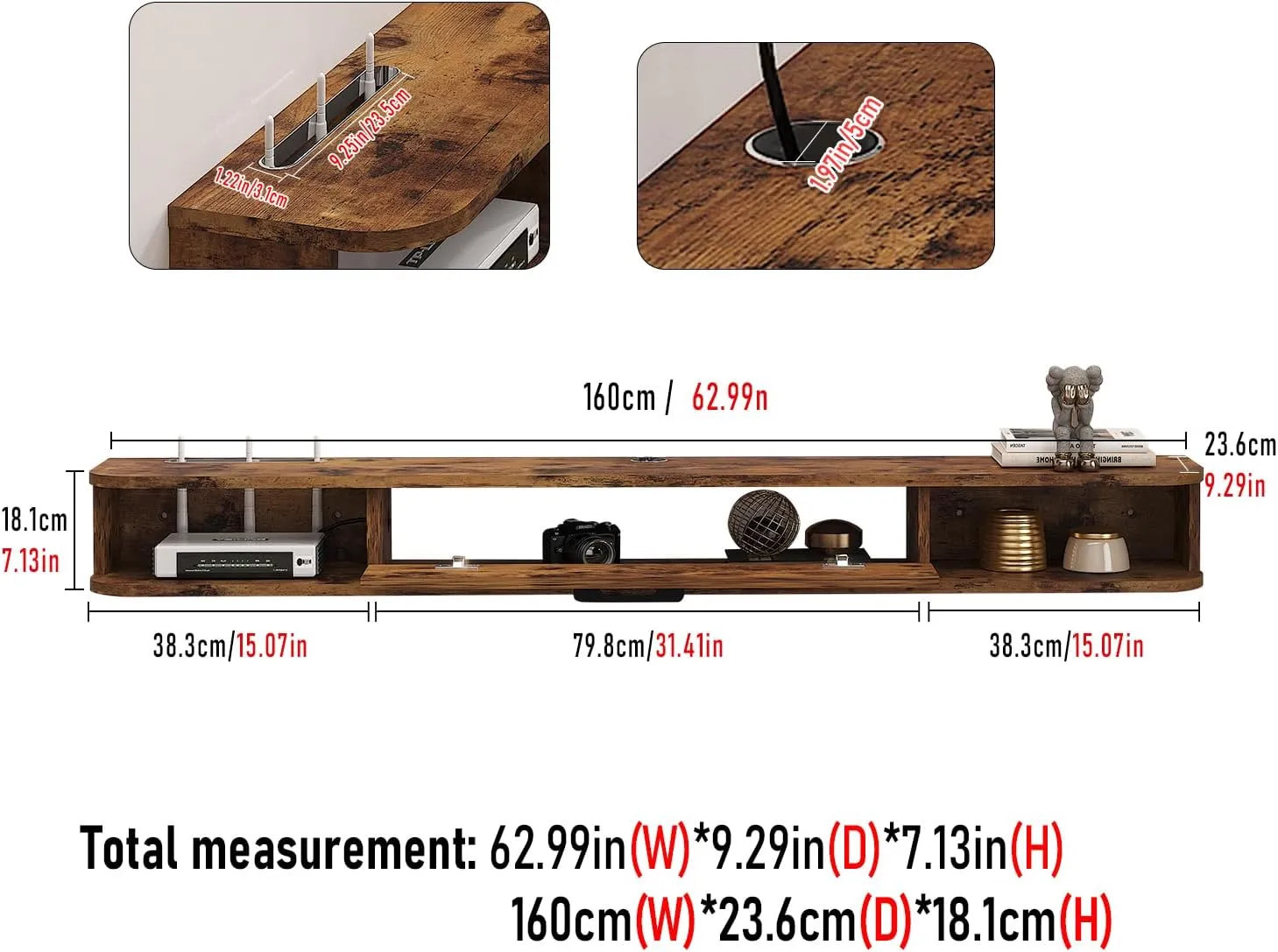 62.99" Eclan Rustic Brown Floating TV Stand
