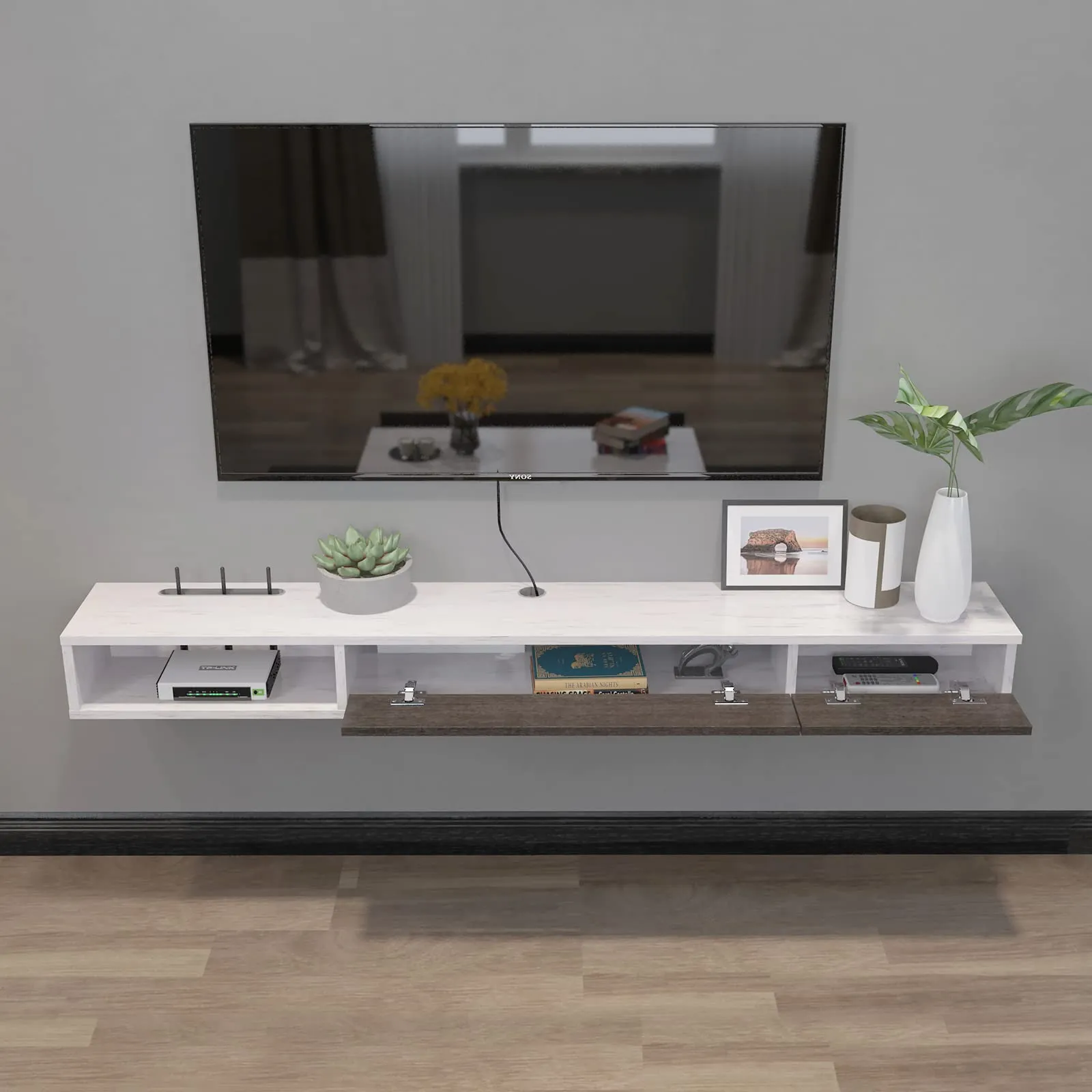 63" Dueta Floating TV Stand, Greyish White