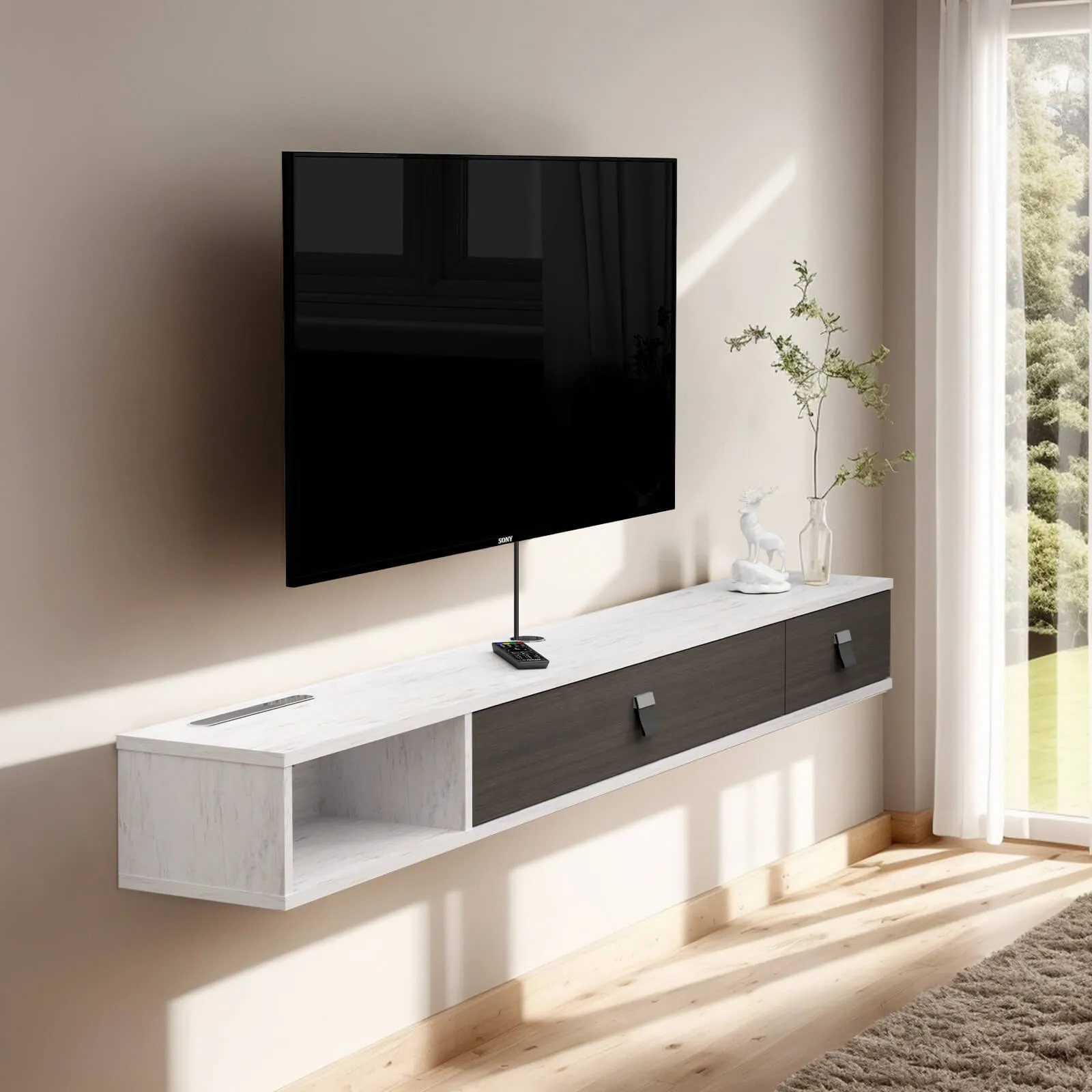 63" Dueta Floating TV Stand, Greyish White