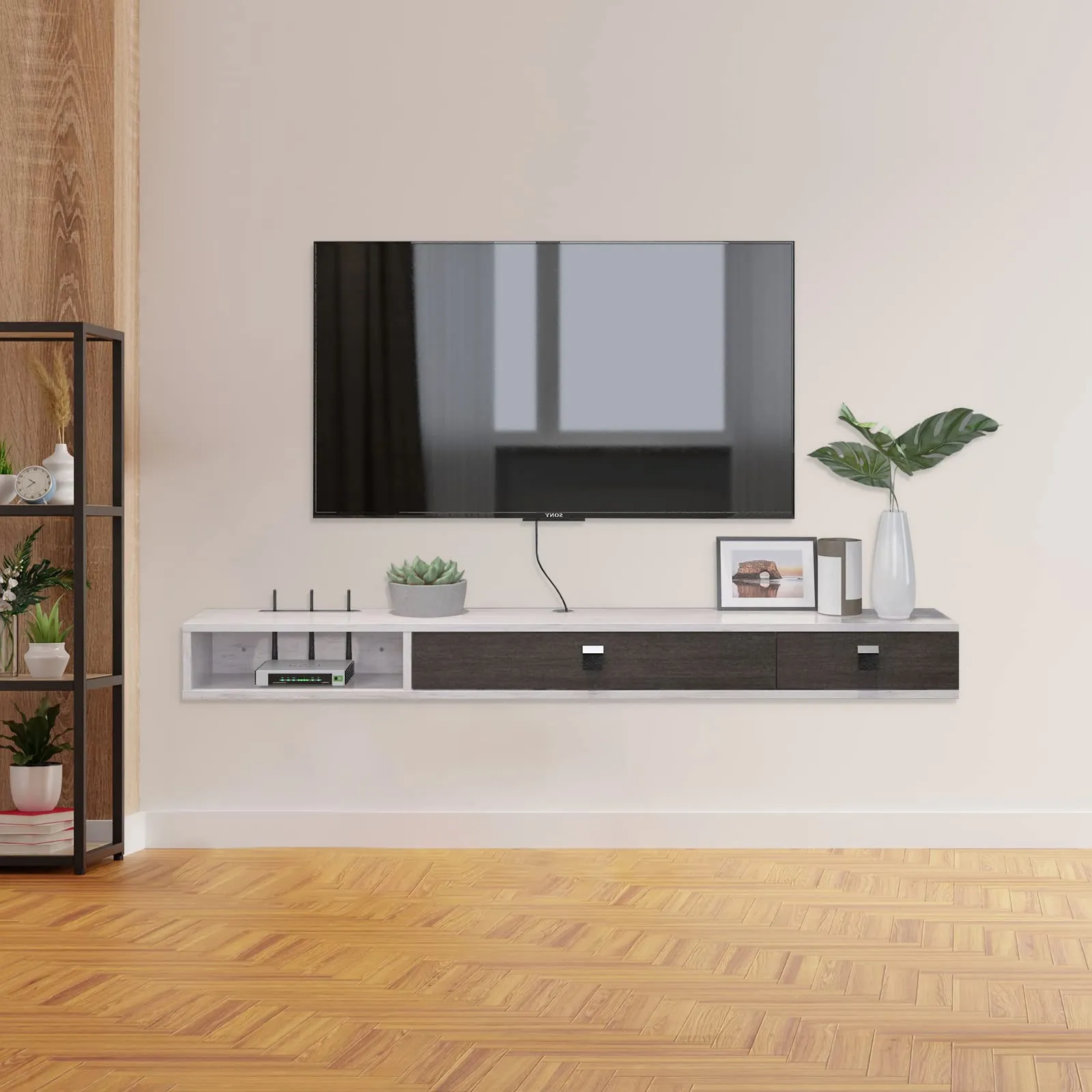 63" Dueta Floating TV Stand, Greyish White