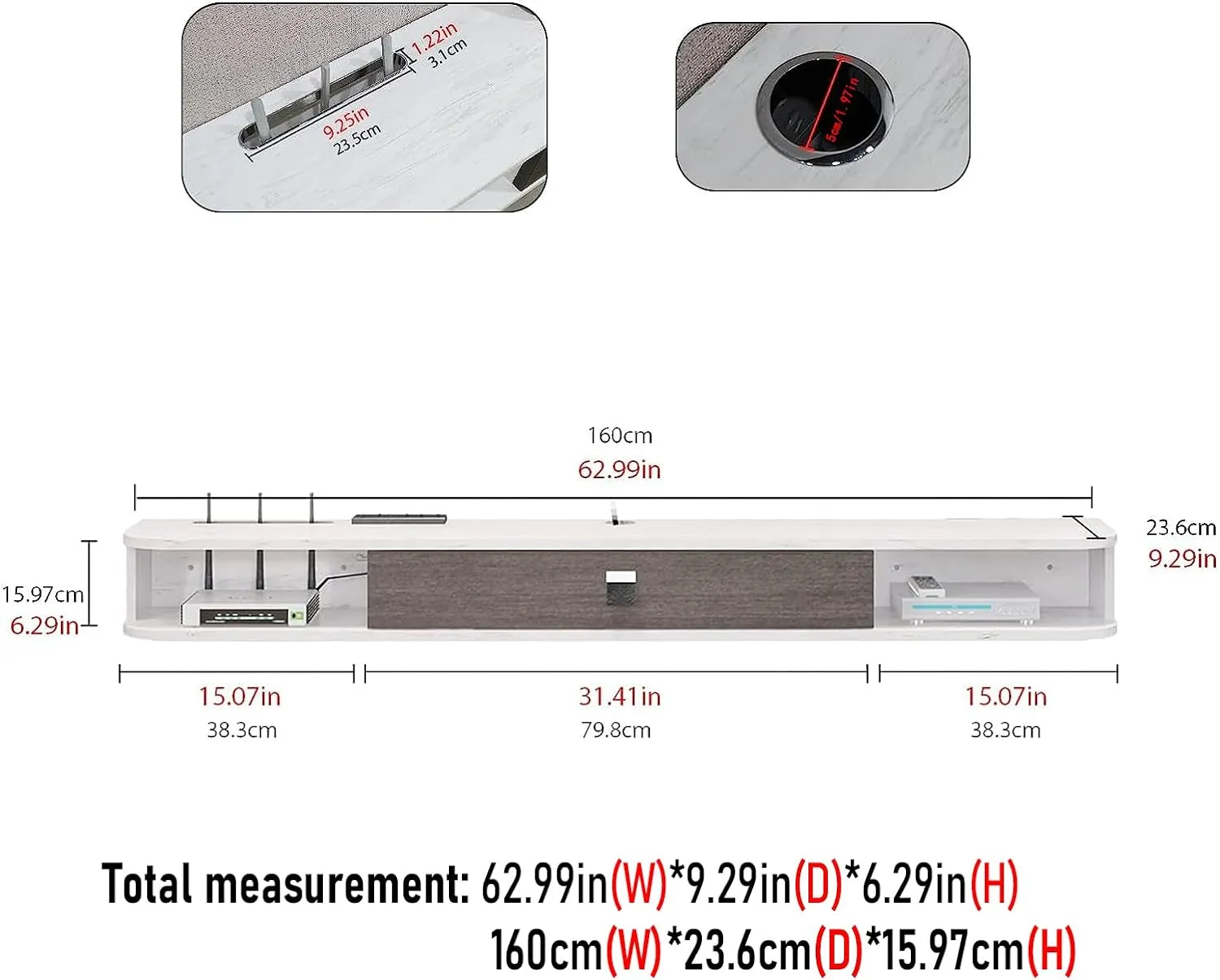63" Eclan Floating TV Stand, Greyish White