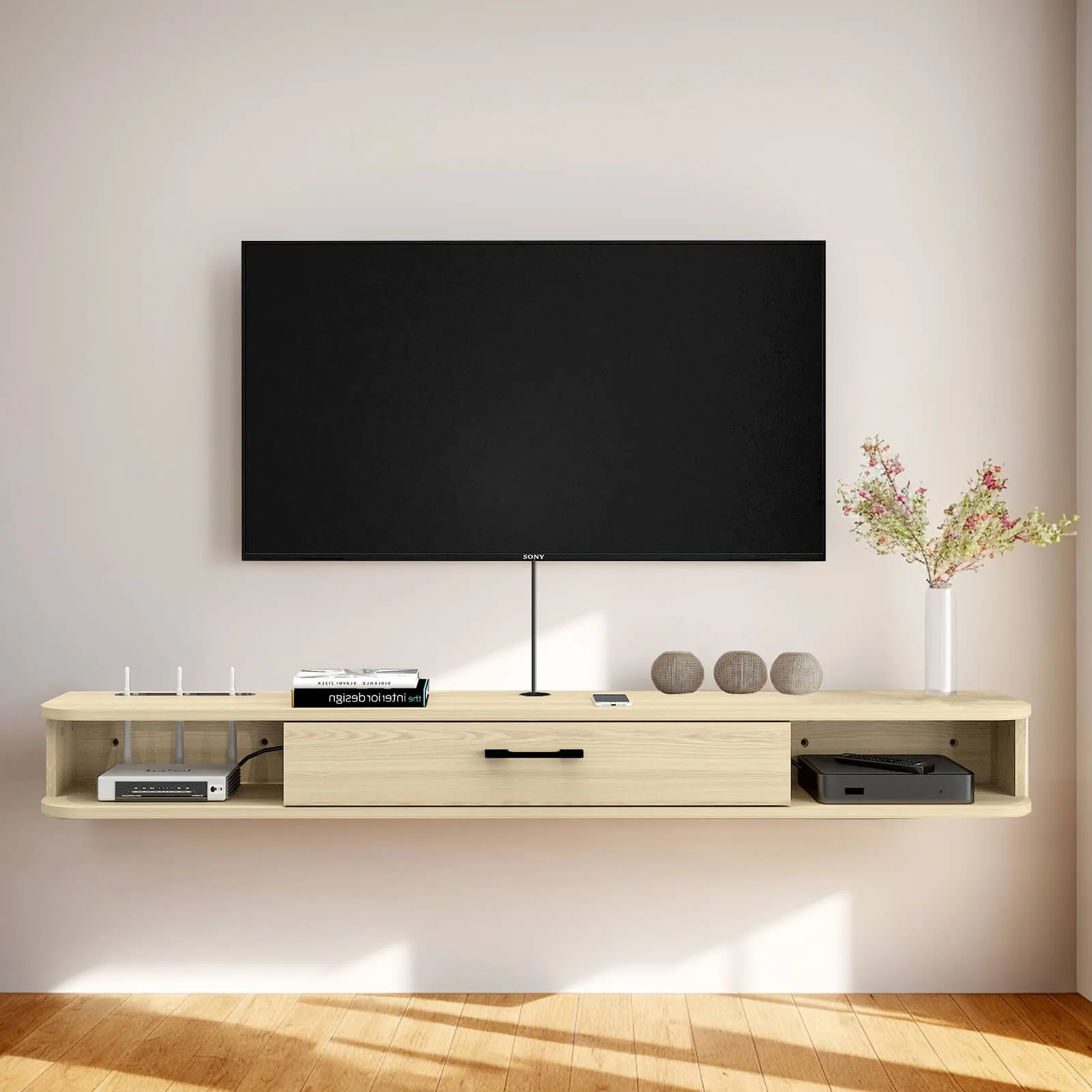 63" Pureza Floating TV Stand, Light Oak