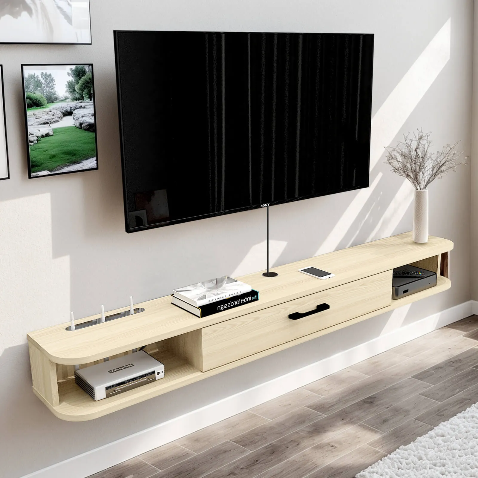 63" Pureza Floating TV Stand, Light Oak