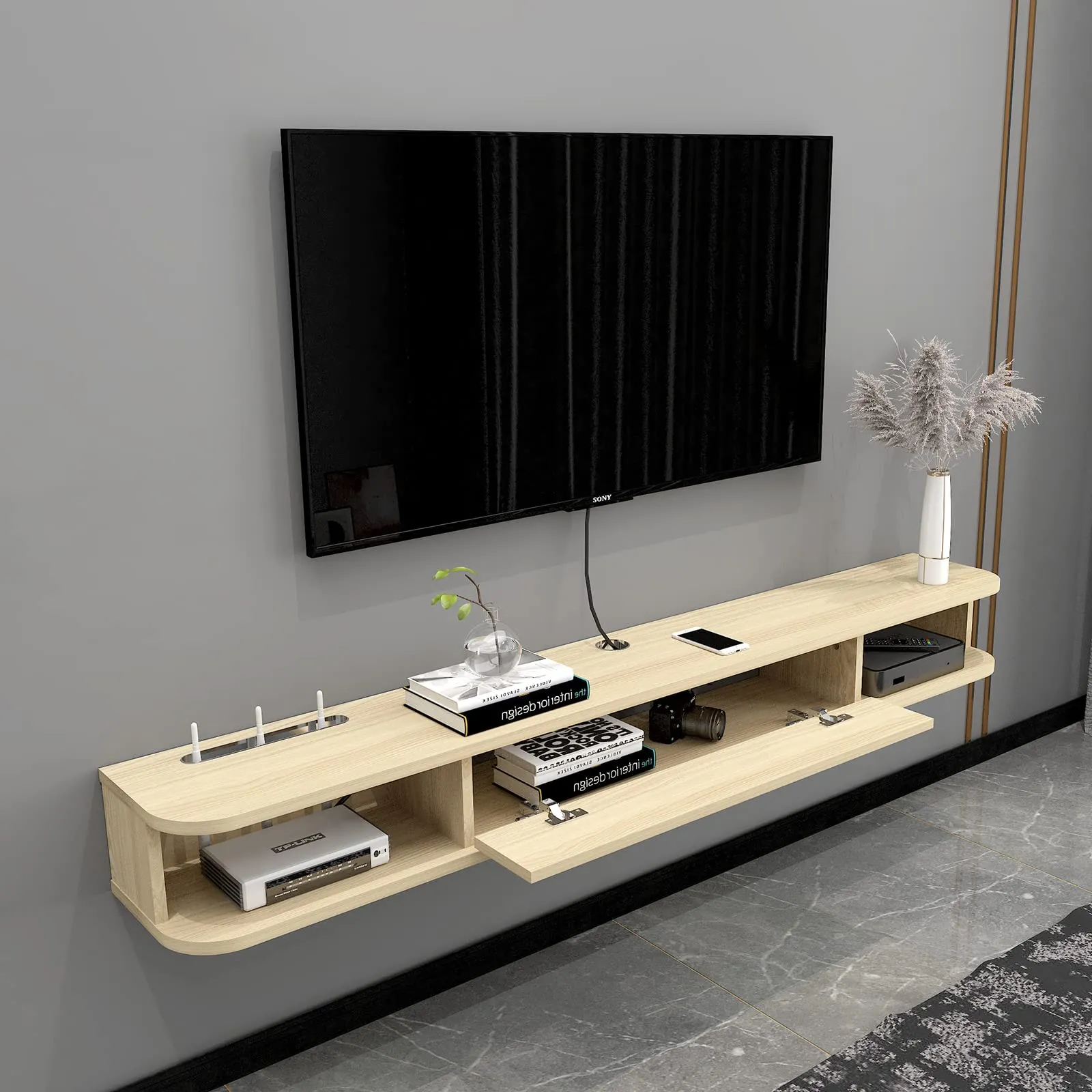 63" Pureza Floating TV Stand, Light Oak
