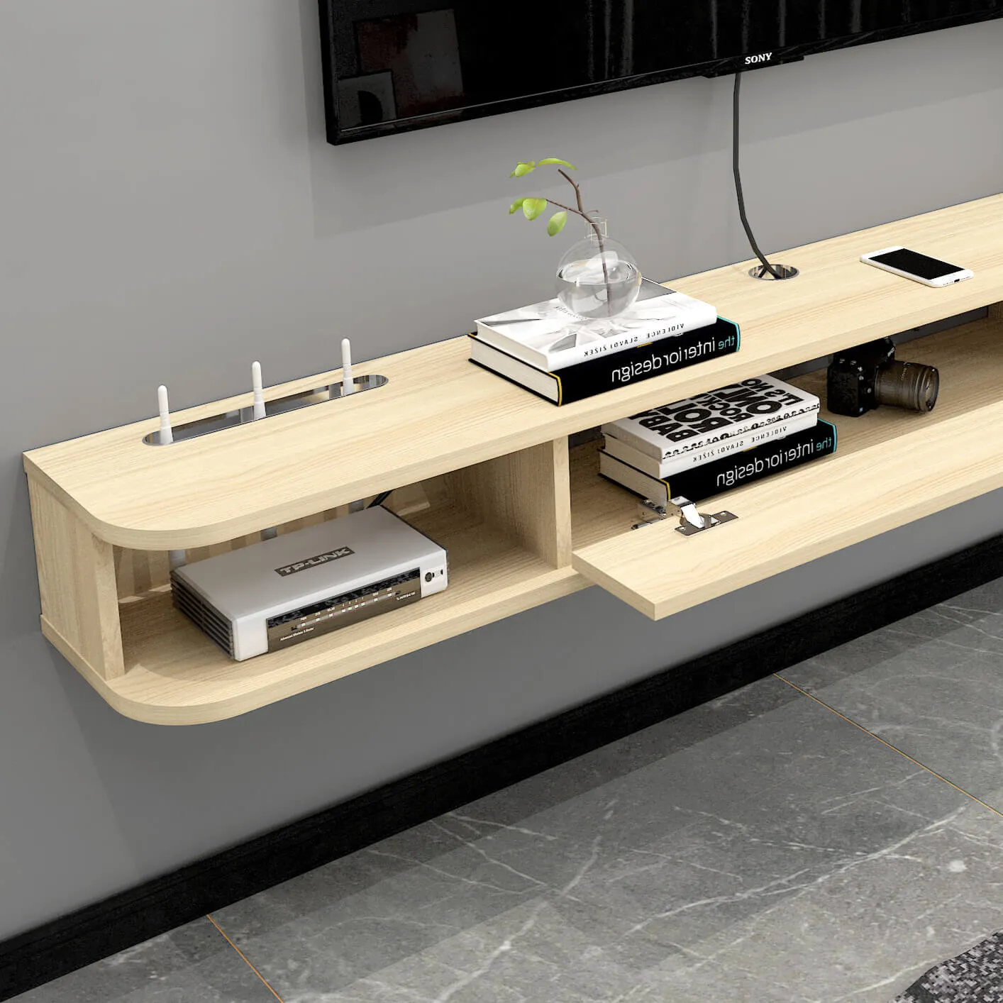 63" Pureza Floating TV Stand, Light Oak