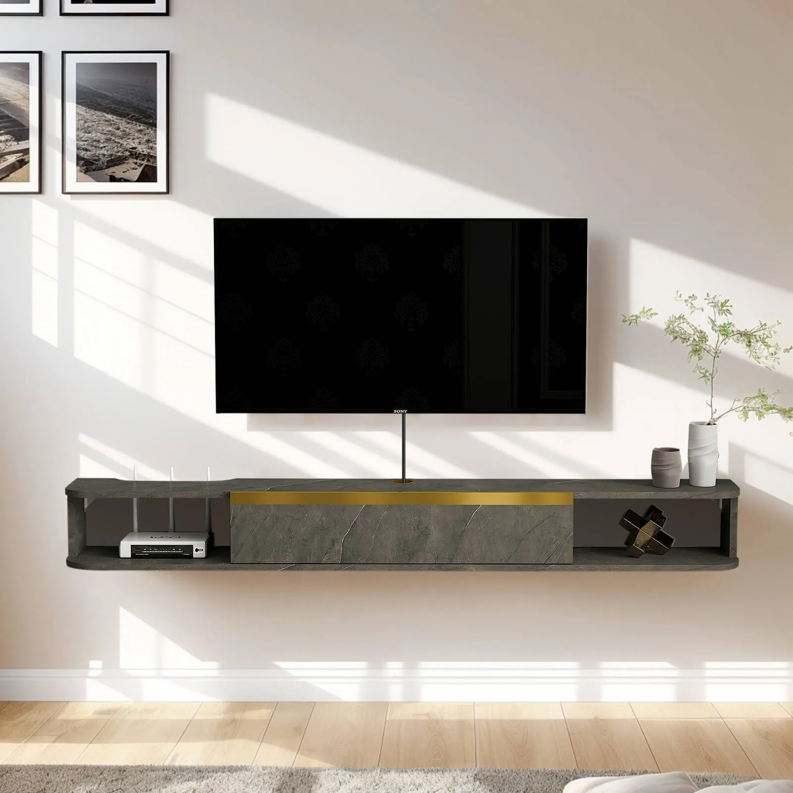 63" Slendera Floating TV Stand, Marble Grey