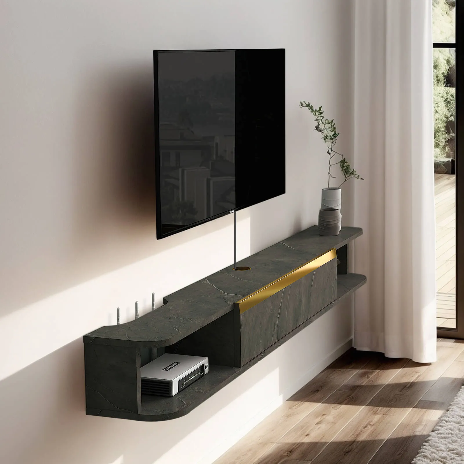 63" Slendera Floating TV Stand, Marble Grey