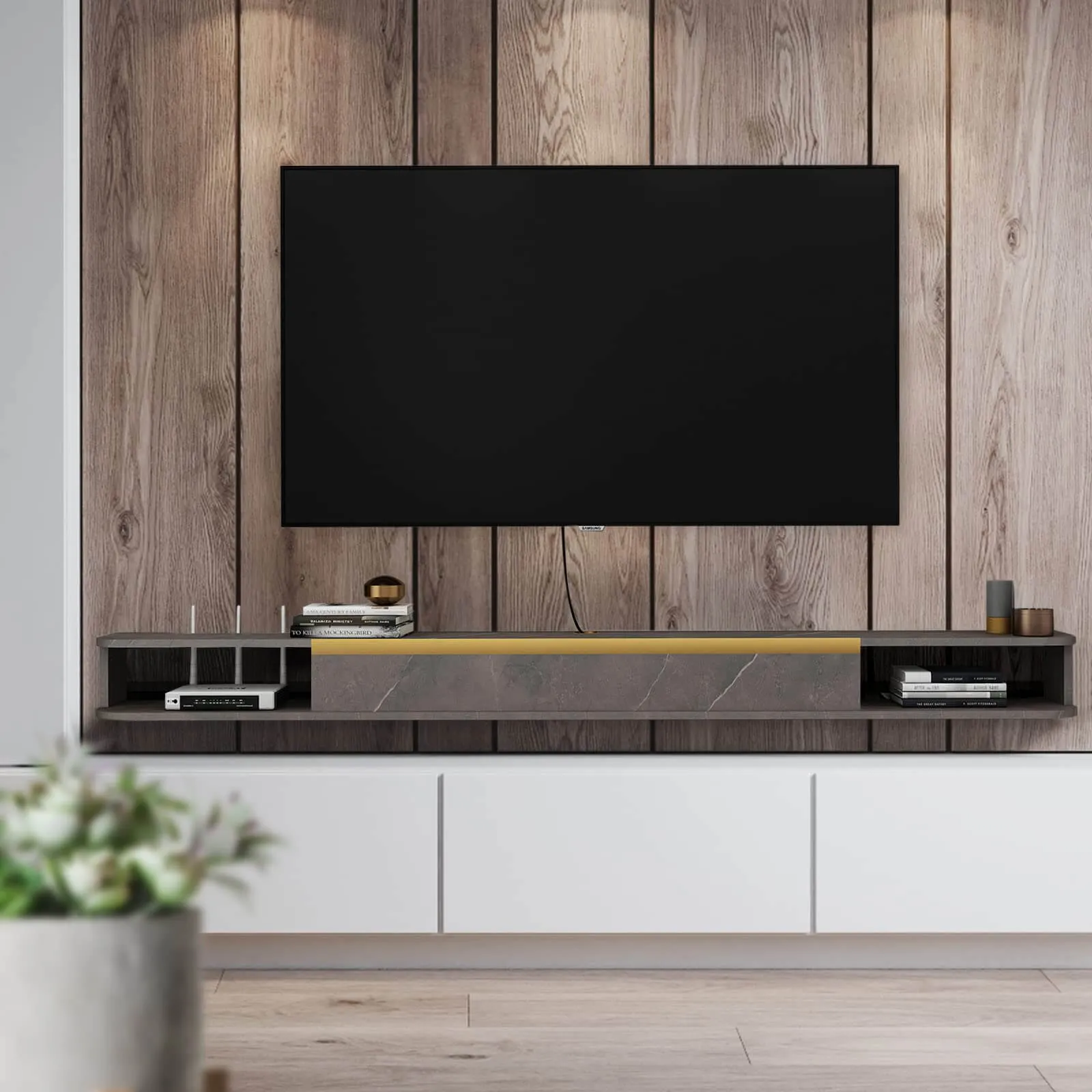 63" Slendera Floating TV Stand, Marble Grey
