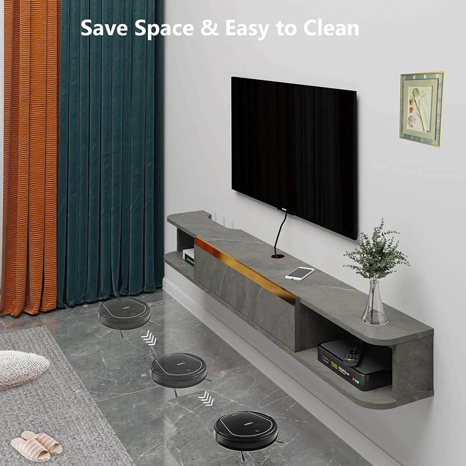 63" Slendera Floating TV Stand, Marble Grey