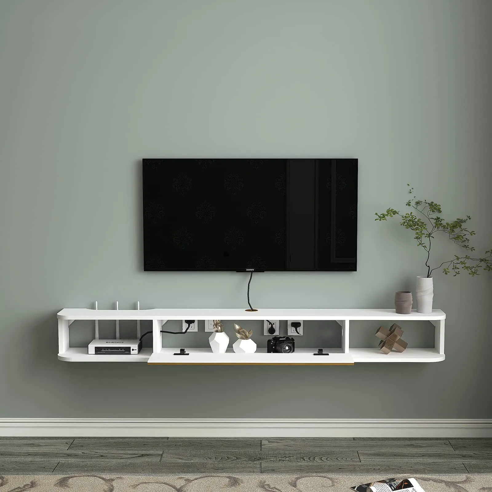 63" Slendera Floating TV Stand, Marble White