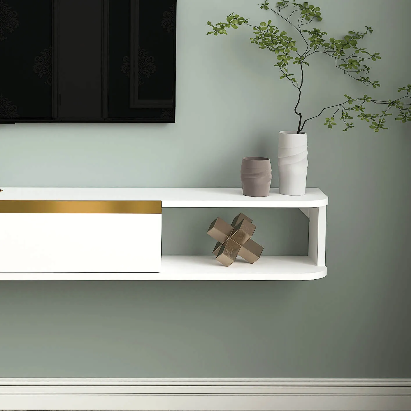 63" Slendera Floating TV Stand, Marble White