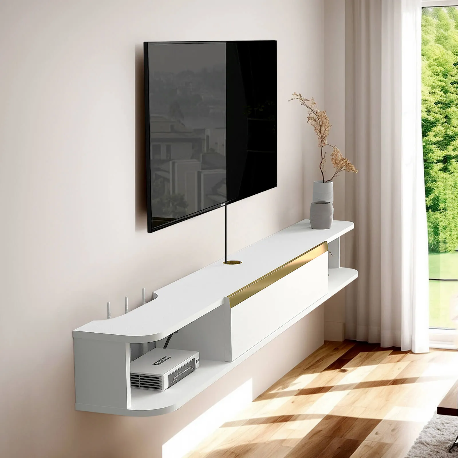 63" Slendera Floating TV Stand, Marble White