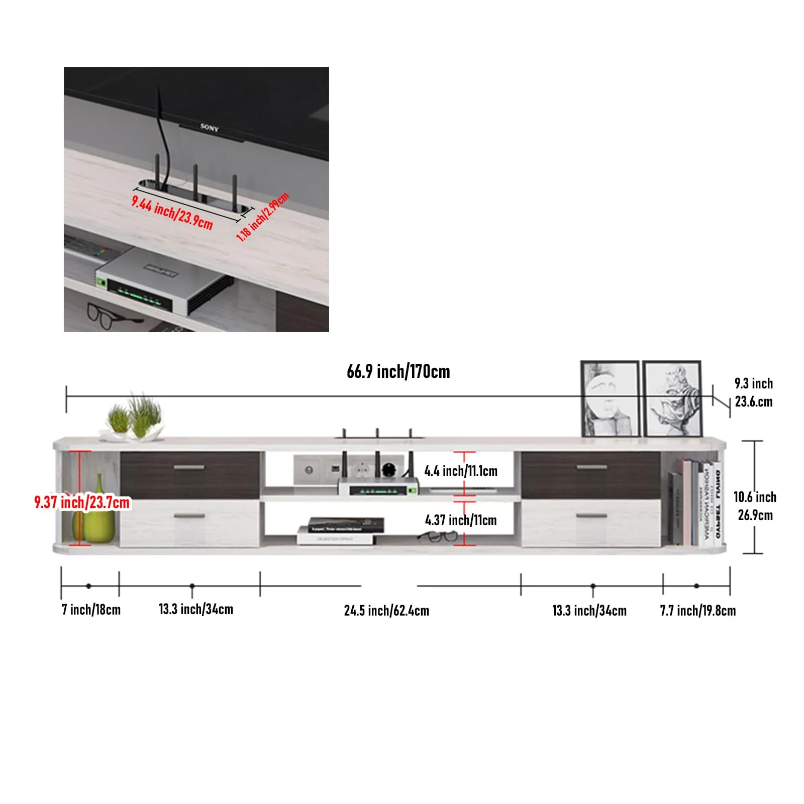 67" Drawista Floating TV Stand, Greyish White