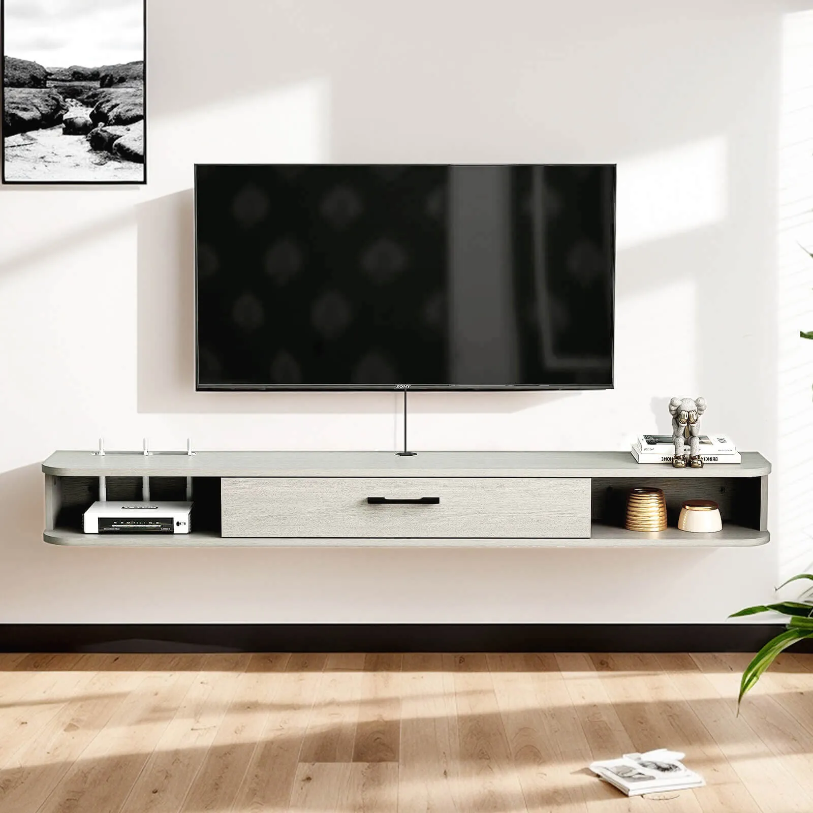 70.86" Eclan Floating TV Stand, Oak Grey