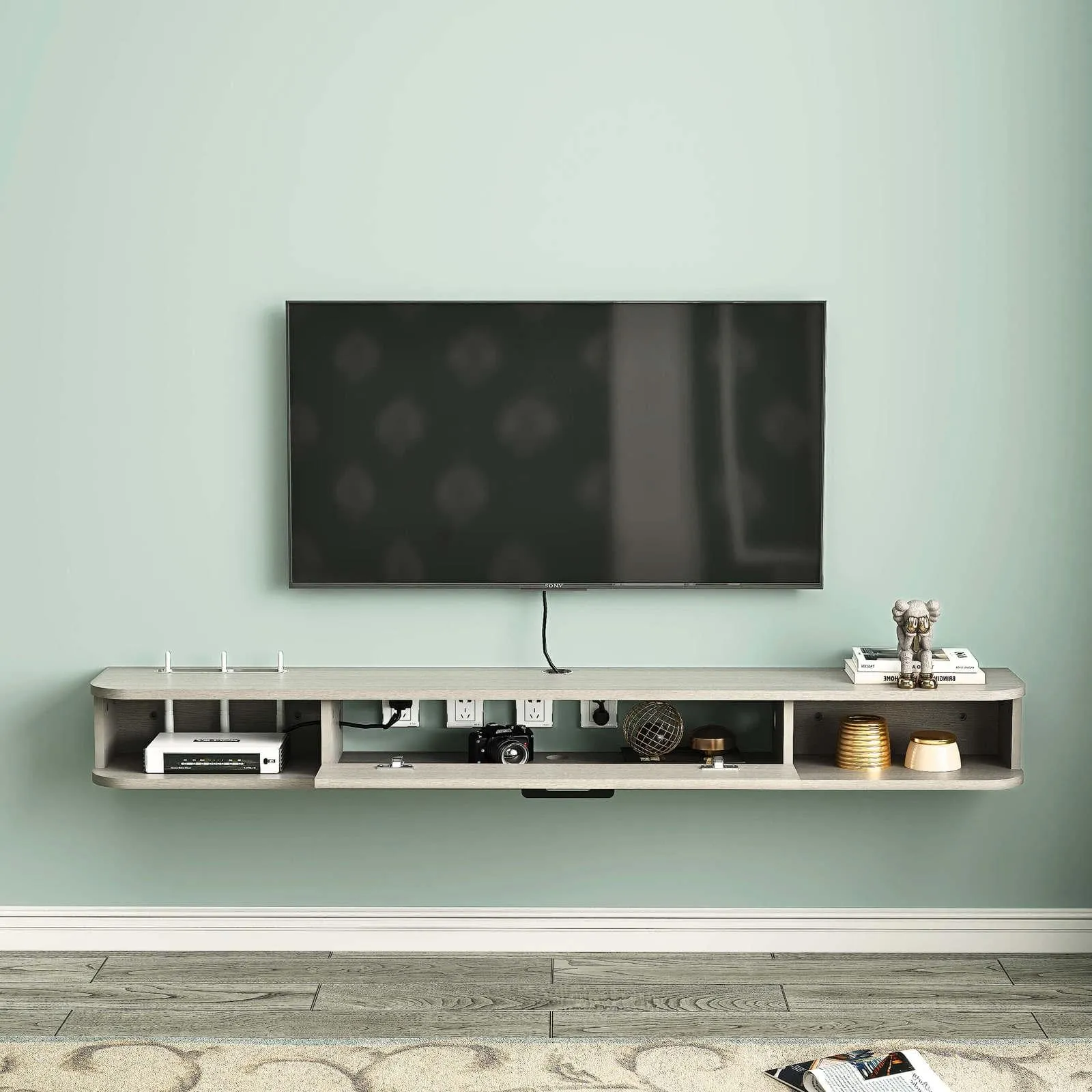 70.86" Eclan Floating TV Stand, Oak Grey