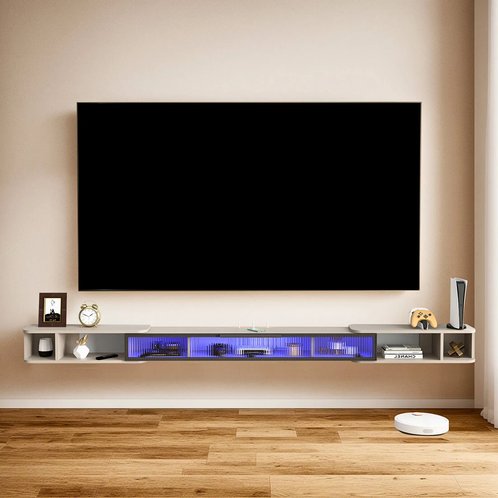 87"- 122" Retractable Floating TV Stand, Oak Grey