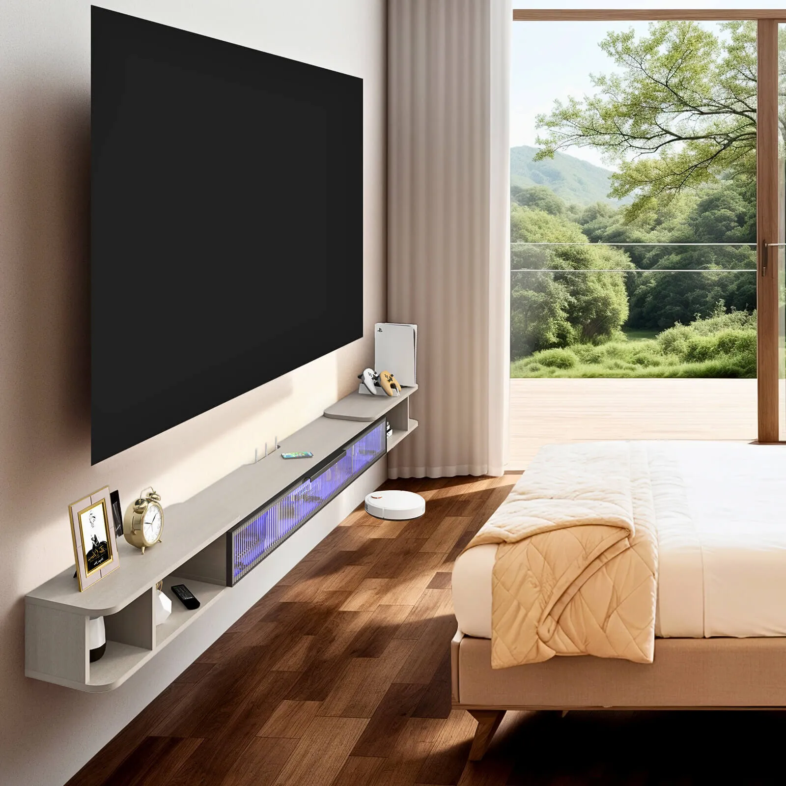 87"- 122" Retractable Floating TV Stand, Oak Grey