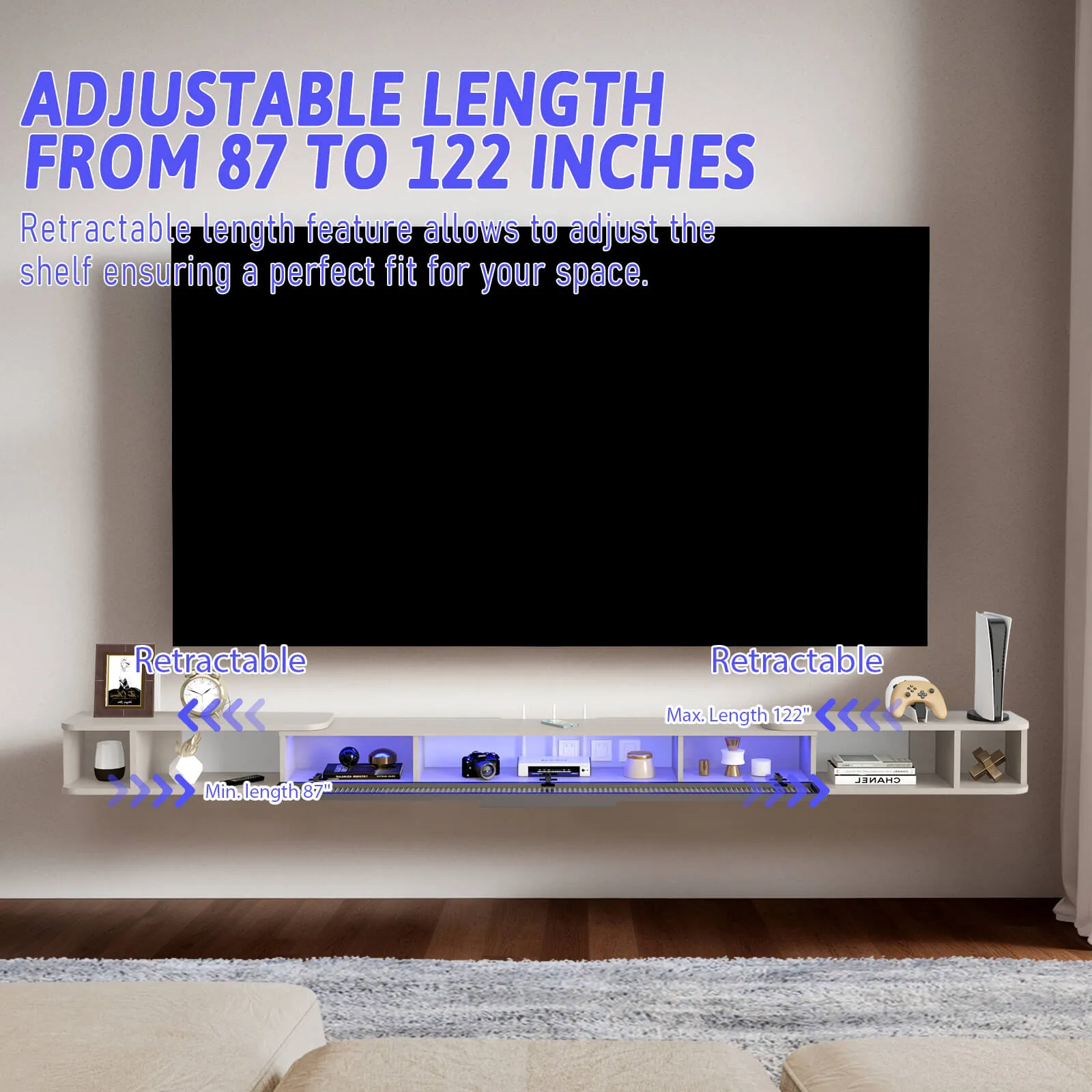 87"- 122" Retractable Floating TV Stand, Oak Grey