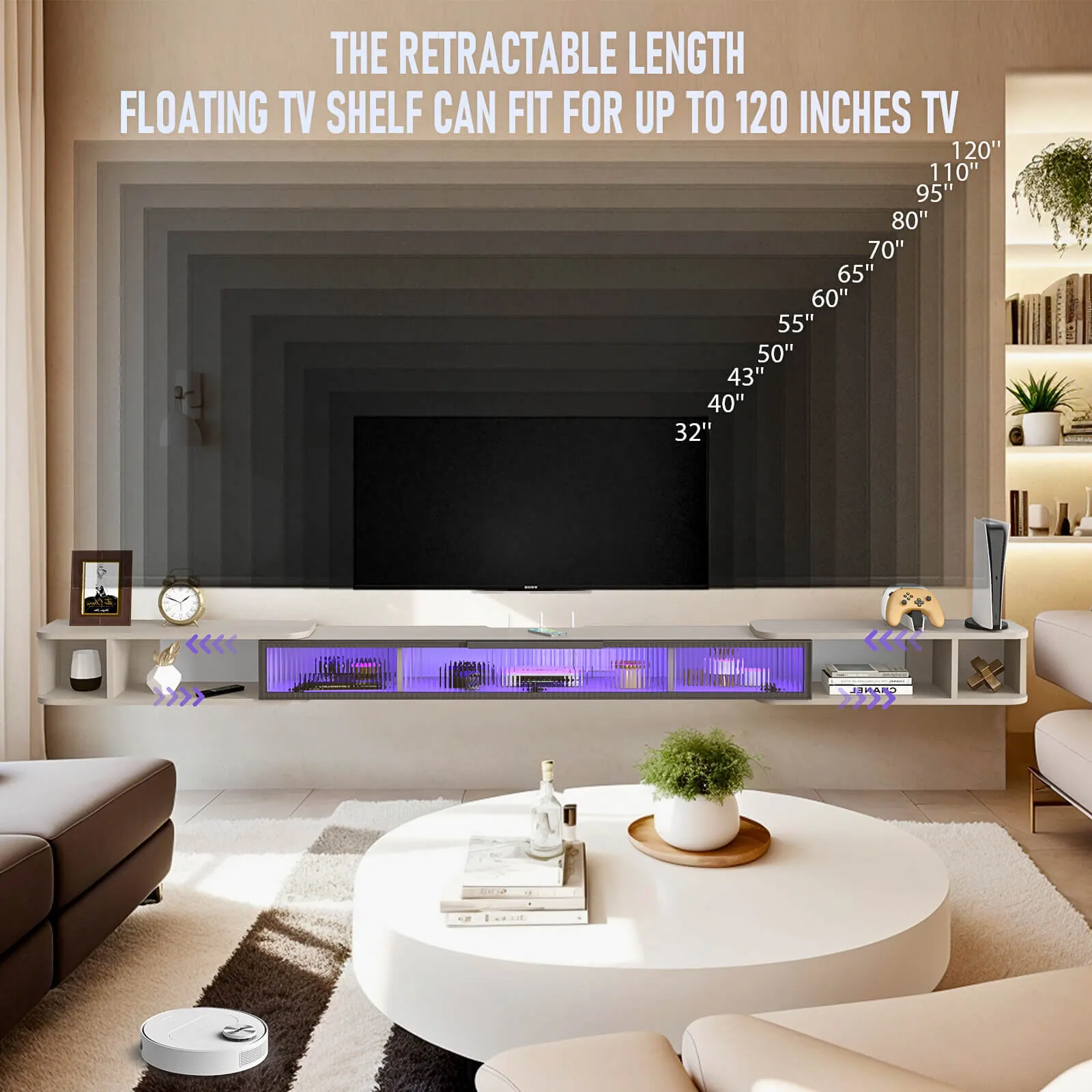 87"- 122" Retractable Floating TV Stand, Oak Grey