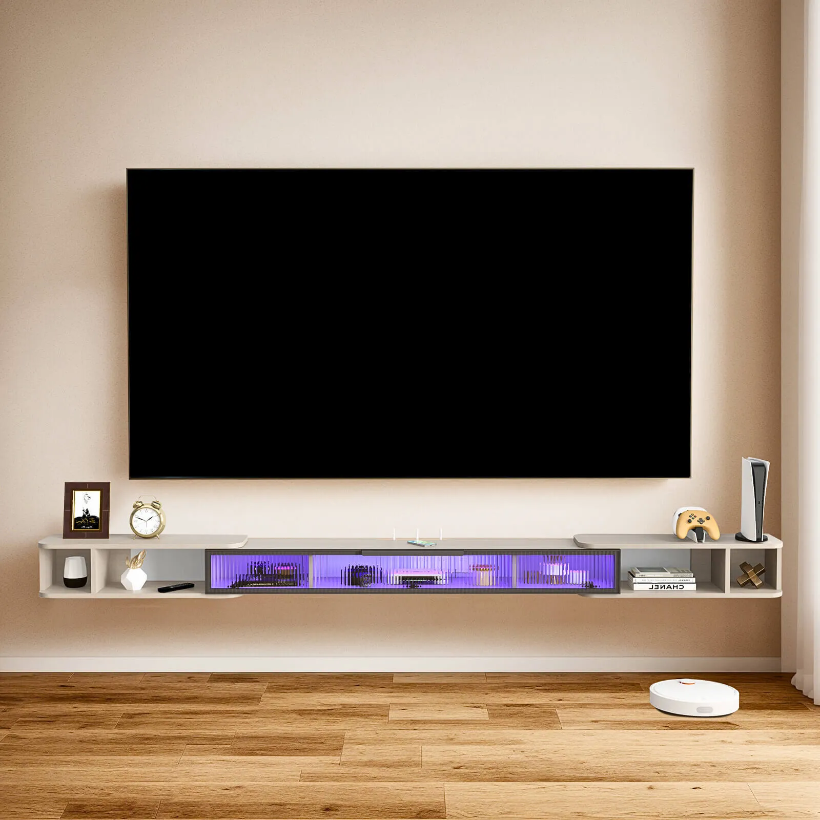 87"- 122" Retractable Floating TV Stand, Oak Grey