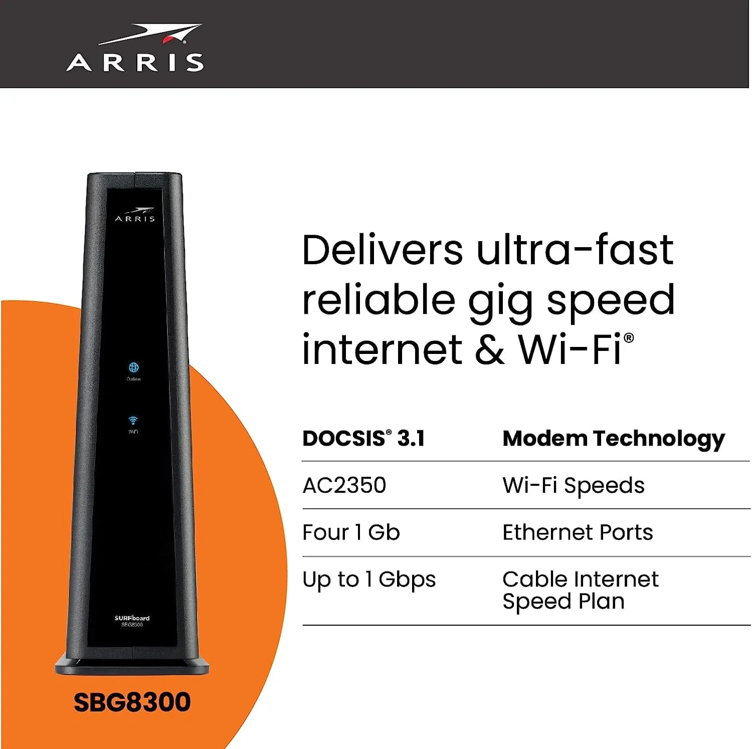 ARRIS SURFboard SBG8300 DOCSIS 3.1 Gigabit Cable Modem & AC2350 Wi-Fi Router (Refurbished)