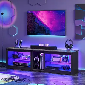 Bestier TV Stand for 70 inch TV, Gaming Entertainment Center for PS5, LED TV Cabinet with Glass Shelves for Living Room, 63'' Inch, Black Marble