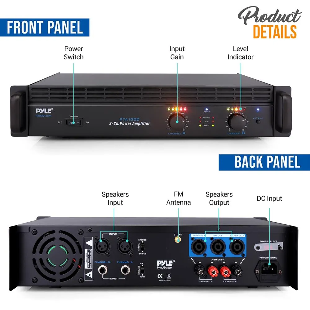 Bluetooth Pro Audio Power Amplifier - 2-Channel Professional Rack Mount Bridgeable Sound Amplifier (1000 Watt)