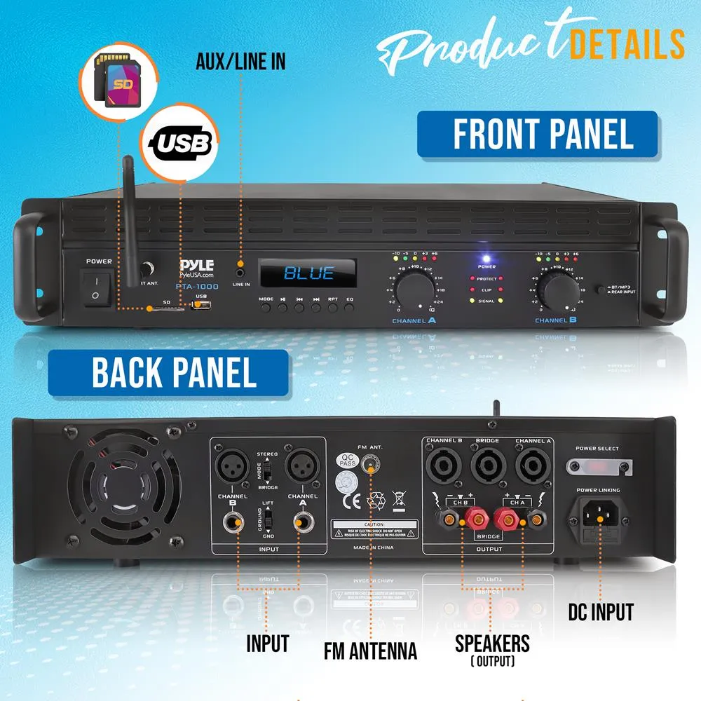 Bluetooth Pro Audio Power Amplifier - 2-Channel Professional Rack Mount Bridgeable Sound Amplifier