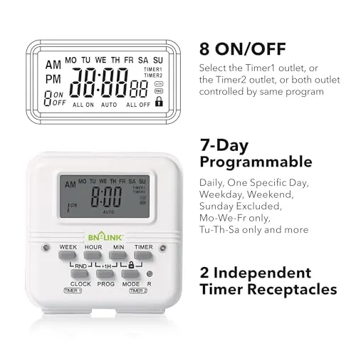 BN-LINK Digital Timer Outlet 7 Day Programmable Digital Outlet Timer with 2 Independent Outlets 3-Prong Mini Indoor Easy Set Stackable Plug-in for Lights Lamps Fans Accurate 8A/1000W 1/3HP