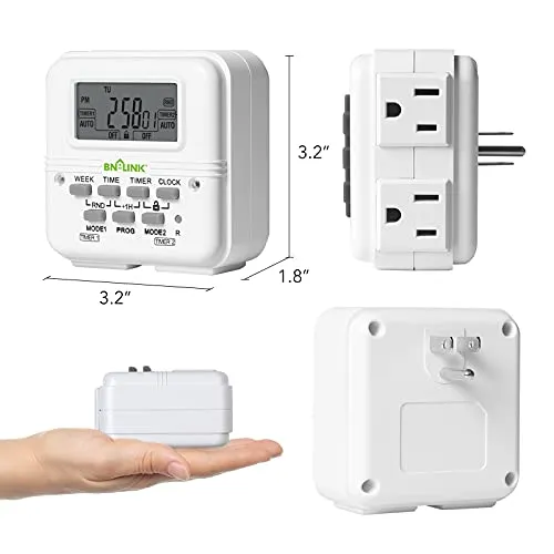 BN-LINK Digital Timer Outlet 7 Day Programmable Digital Outlet Timer with 2 Independent Outlets 3-Prong Mini Indoor Easy Set Stackable Plug-in for Lights Lamps Fans Accurate 8A/1000W 1/3HP
