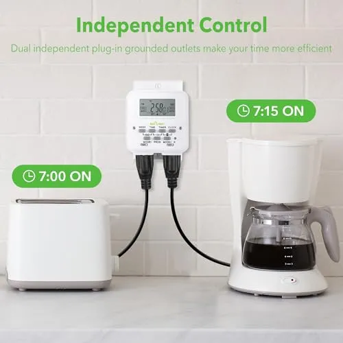 BN-LINK Digital Timer Outlet 7 Day Programmable Digital Outlet Timer with 2 Independent Outlets 3-Prong Mini Indoor Easy Set Stackable Plug-in for Lights Lamps Fans Accurate 8A/1000W 1/3HP