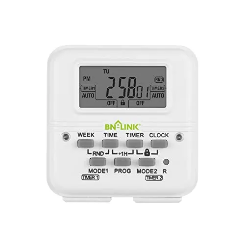 BN-LINK Digital Timer Outlet 7 Day Programmable Digital Outlet Timer with 2 Independent Outlets 3-Prong Mini Indoor Easy Set Stackable Plug-in for Lights Lamps Fans Accurate 8A/1000W 1/3HP