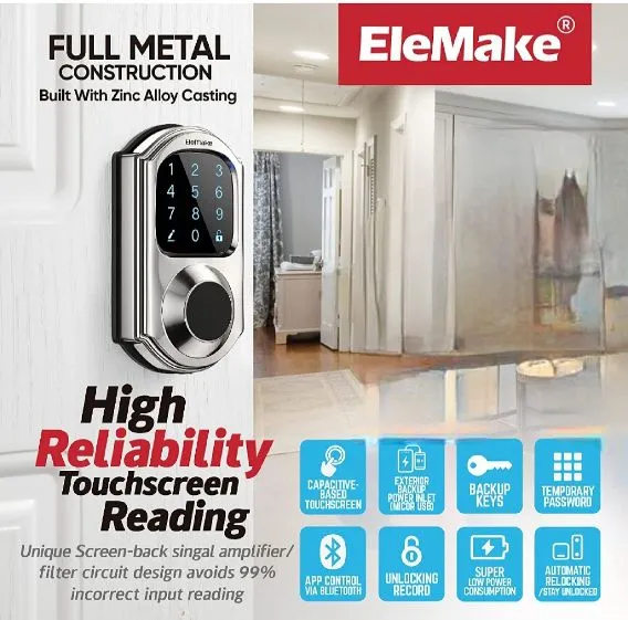 (Electronics) Smart Door Lock/5 in 1 Keyless Entry Door Lock/Wi-Fi Smart Deadbolt/Bluetooth Touchscreen Keypad (Gateway Not Included)