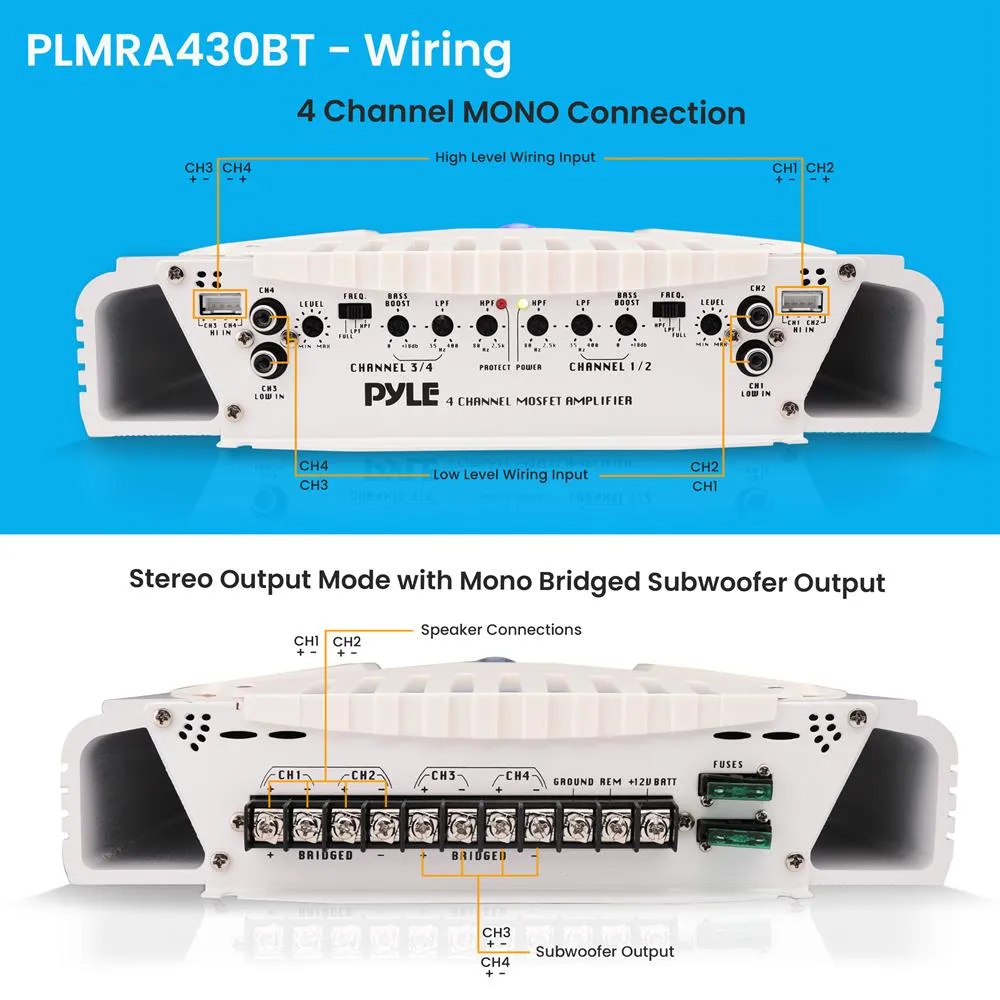 Elite Series Waterproof Bluetooth Amplifier, Bridgeable 1000 Watt 4-Channel Amp