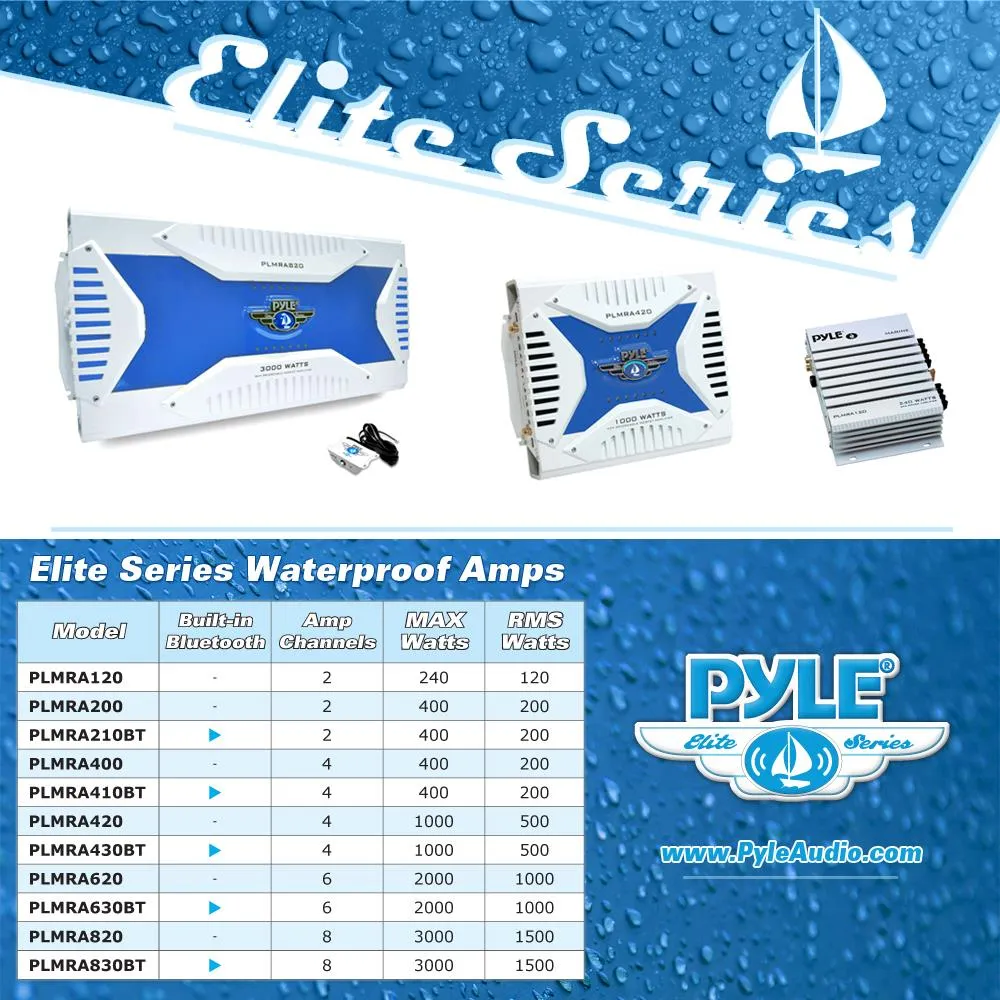 Elite Series Waterproof Bluetooth Amplifier, Bridgeable 3000 Watt 8-Channel Amp
