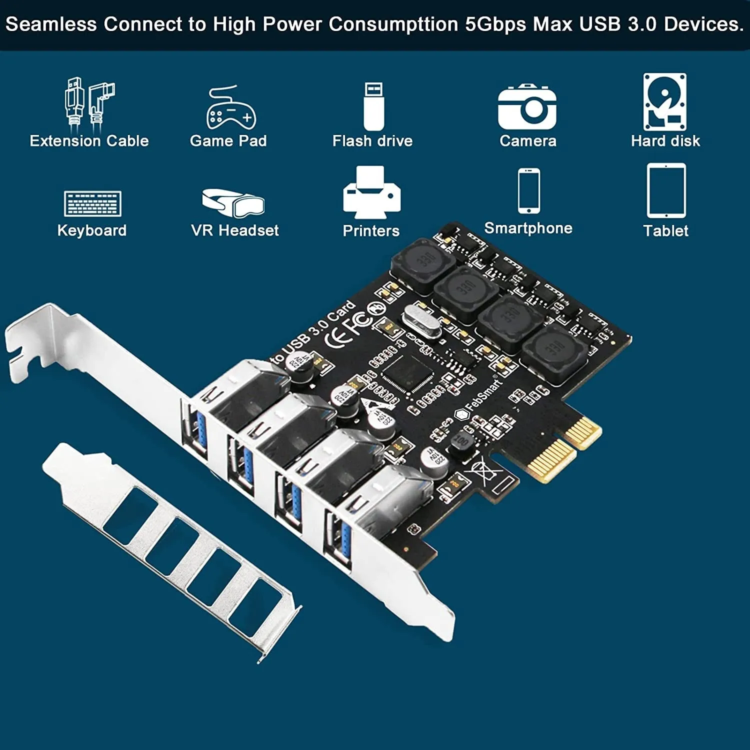 Febsmart PCIE 4-Ports Superspeed 5Gbps USB 3.0 Expansion Card for Windows 11, 10, 8.X, 7, Vista, XP Desktop Pcs, Built in Febsmart Self-Powered Technology, No Need Additional Power Supply (Fs-U4L-Pro)