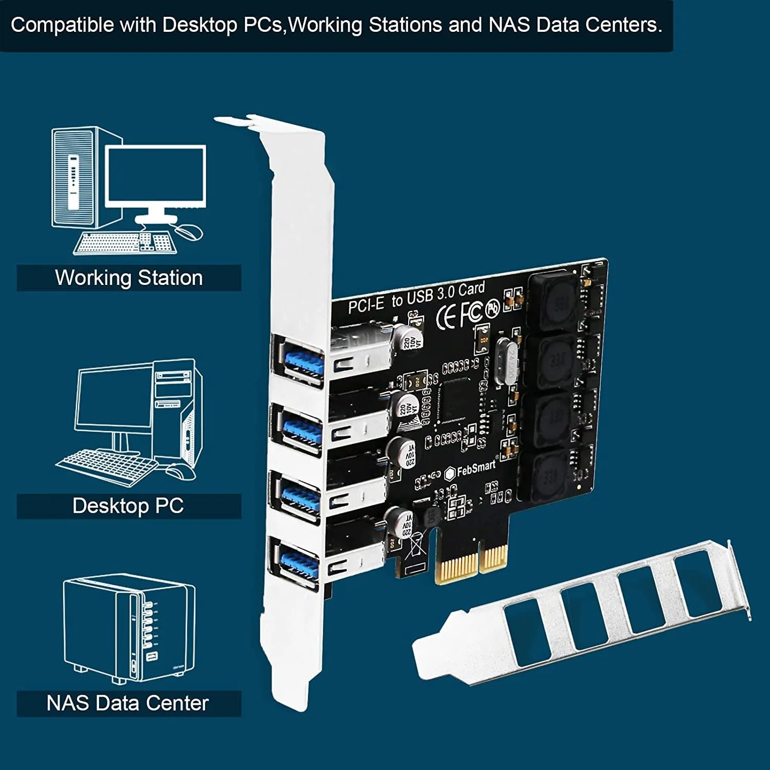 Febsmart PCIE 4-Ports Superspeed 5Gbps USB 3.0 Expansion Card for Windows 11, 10, 8.X, 7, Vista, XP Desktop Pcs, Built in Febsmart Self-Powered Technology, No Need Additional Power Supply (Fs-U4L-Pro)