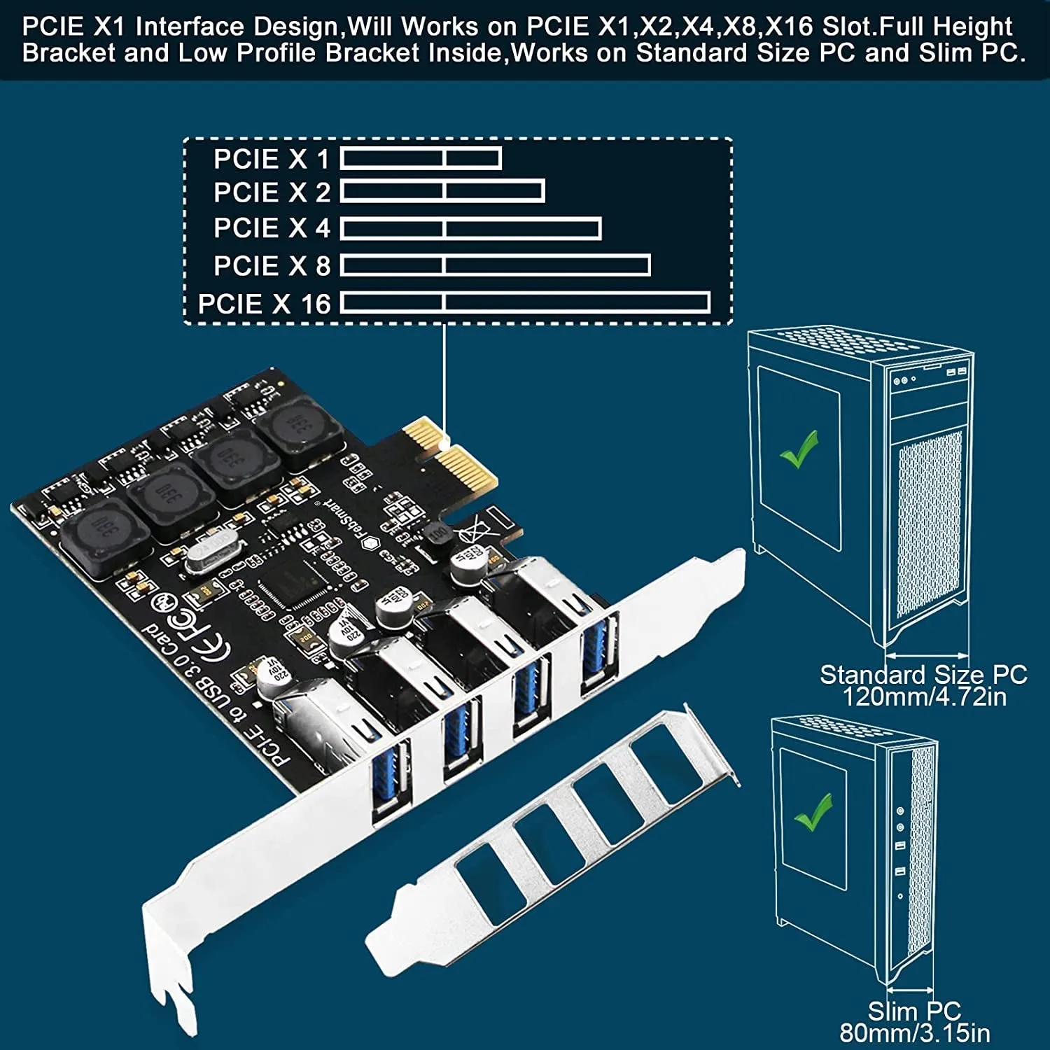 Febsmart PCIE 4-Ports Superspeed 5Gbps USB 3.0 Expansion Card for Windows 11, 10, 8.X, 7, Vista, XP Desktop Pcs, Built in Febsmart Self-Powered Technology, No Need Additional Power Supply (Fs-U4L-Pro)