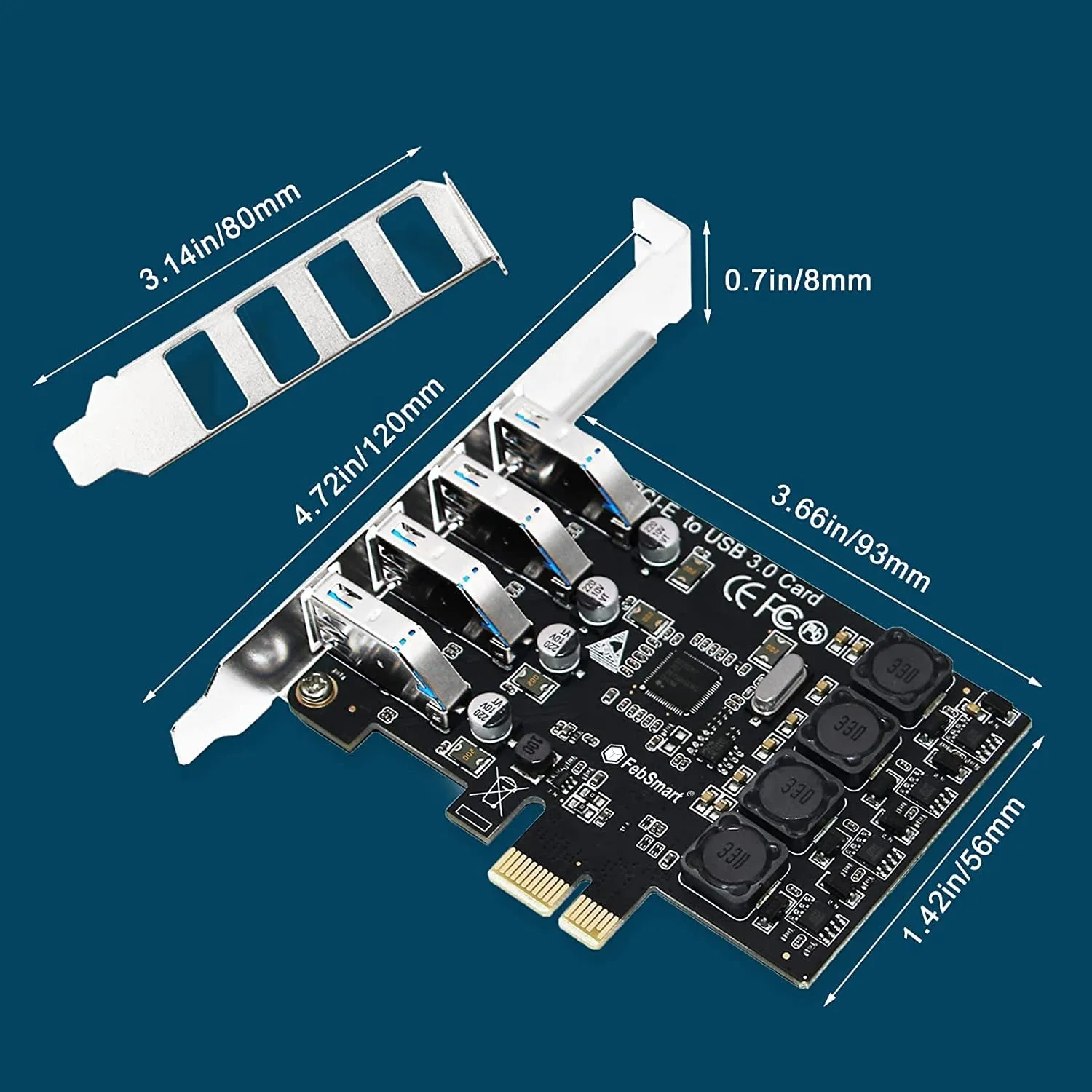 Febsmart PCIE 4-Ports Superspeed 5Gbps USB 3.0 Expansion Card for Windows 11, 10, 8.X, 7, Vista, XP Desktop Pcs, Built in Febsmart Self-Powered Technology, No Need Additional Power Supply (Fs-U4L-Pro)