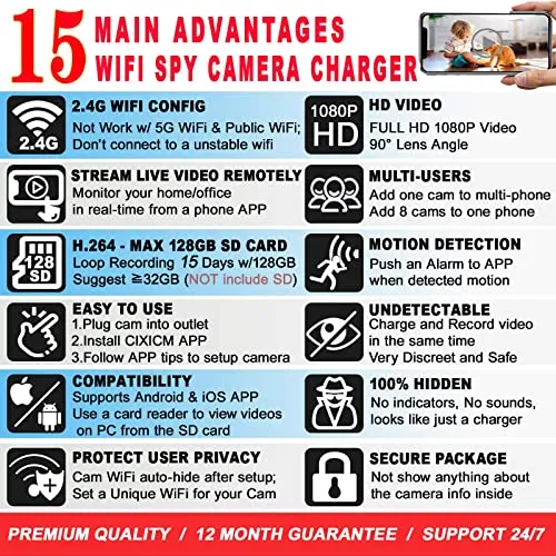 Hidden WiFi Charger Spy Camera