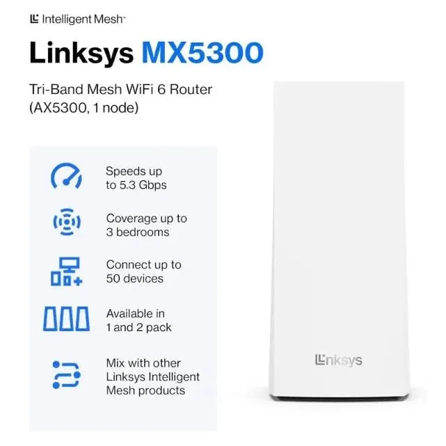 Linksys Velop MX5300 WiFi 6 Mesh Tri Band Router & Extender