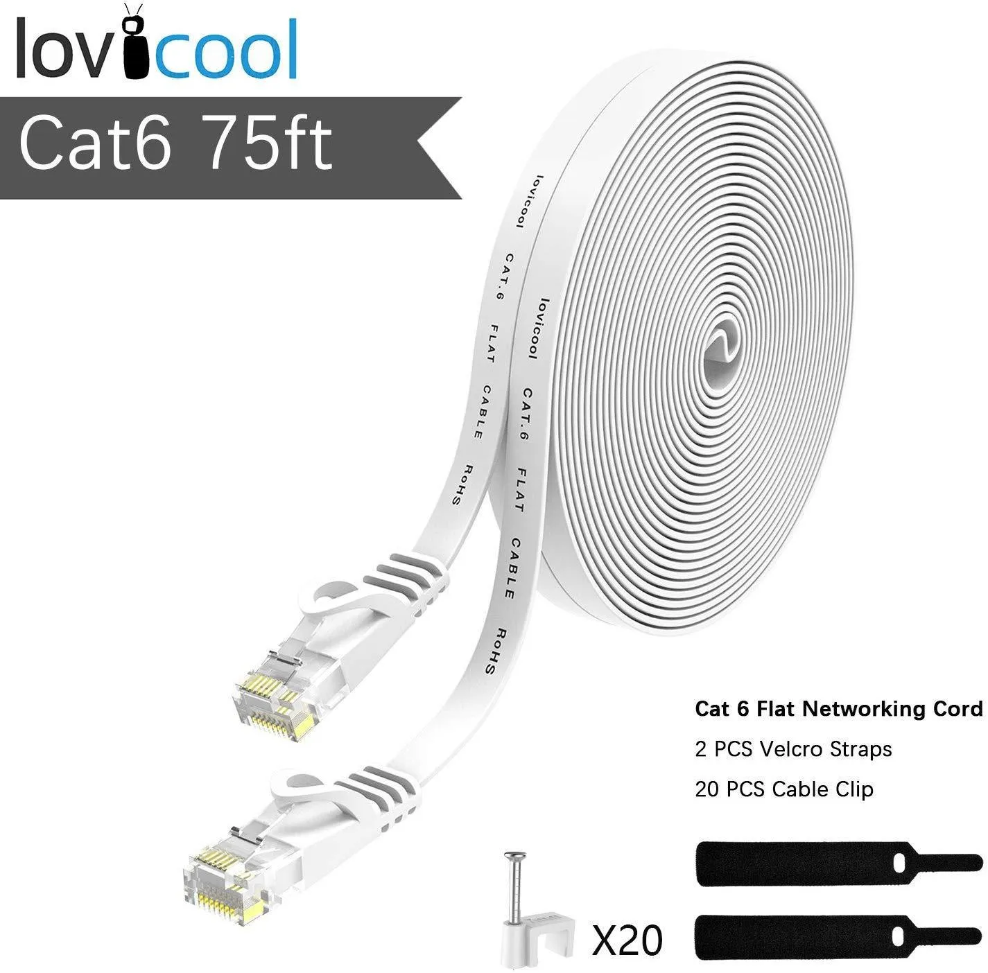 Lovicool CAT6 Ethernet Patch Cable 75ft White LAN Cable Flat Internet Computer Networking Cable High Speed Up to 10Gigabit Ethernet Cord with RJ45 Connector for Modem Switch Boxes Router PS4 Xbox 23m