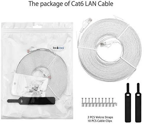Lovicool CAT6 Ethernet Patch Cable 75ft White LAN Cable Flat Internet Computer Networking Cable High Speed Up to 10Gigabit Ethernet Cord with RJ45 Connector for Modem Switch Boxes Router PS4 Xbox 23m