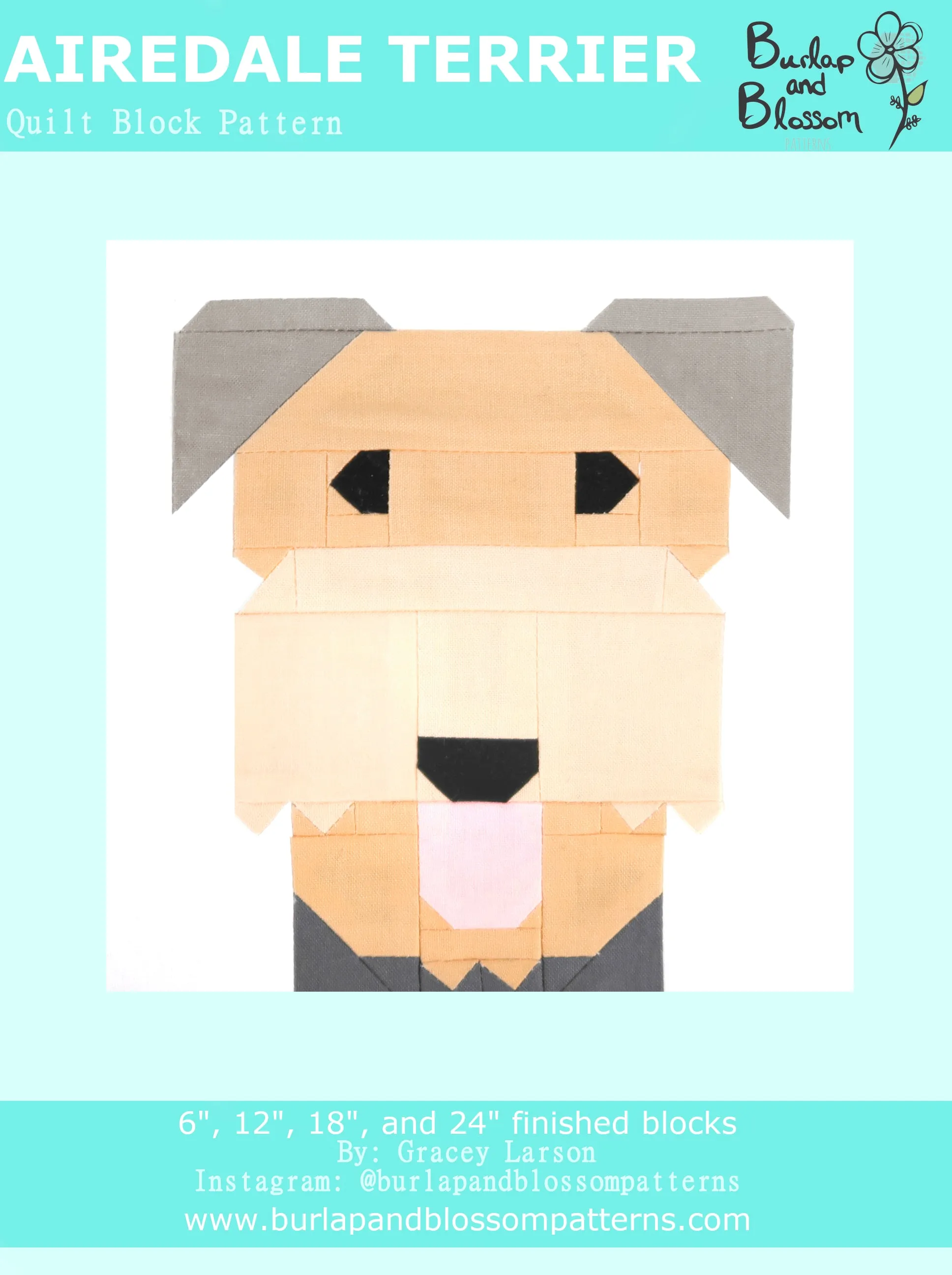 Pattern, Airedale Terrier Quilt Block by Burlap and Blossom (digital download)